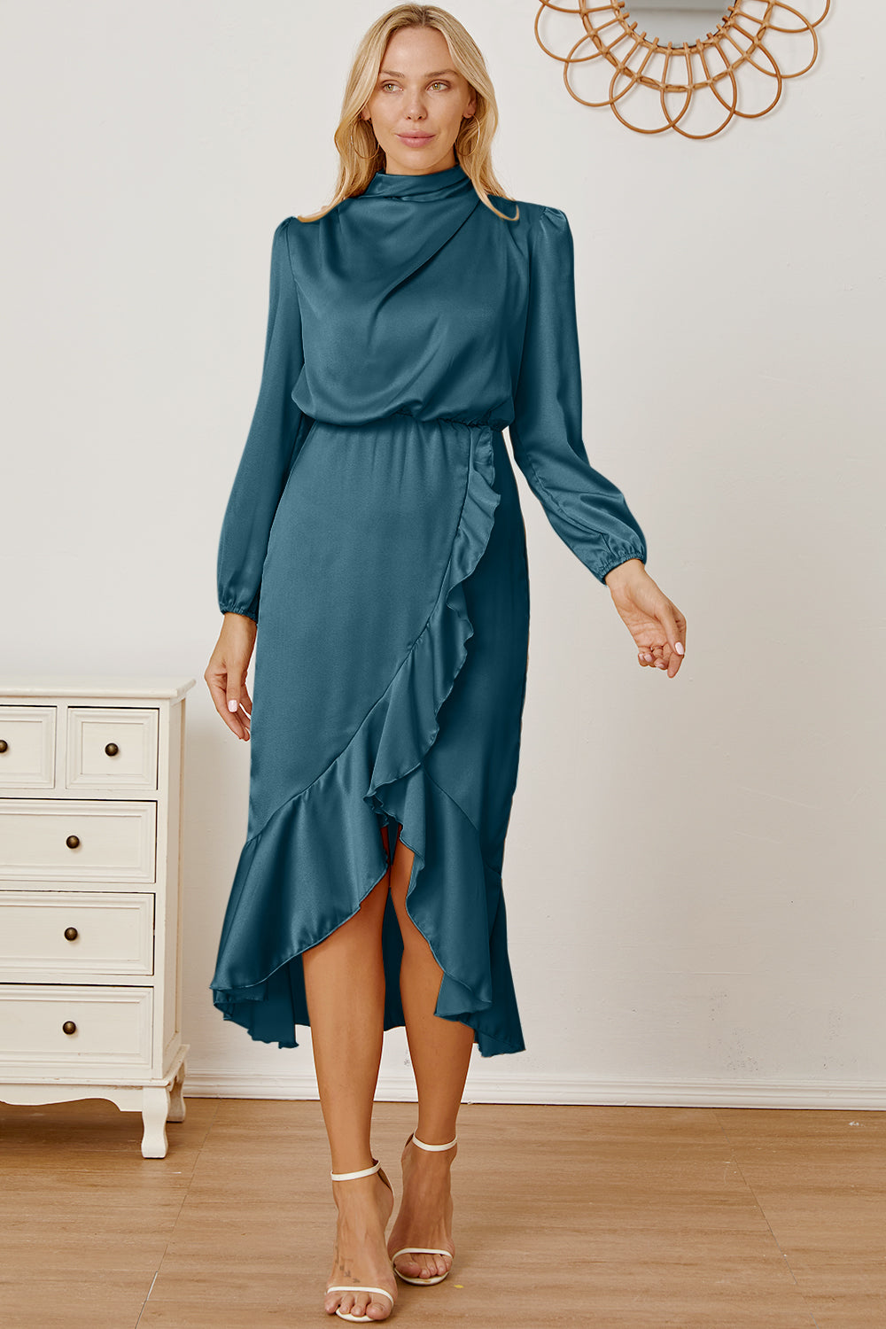 Mock Neck Ruffled Asymmetrical Dress