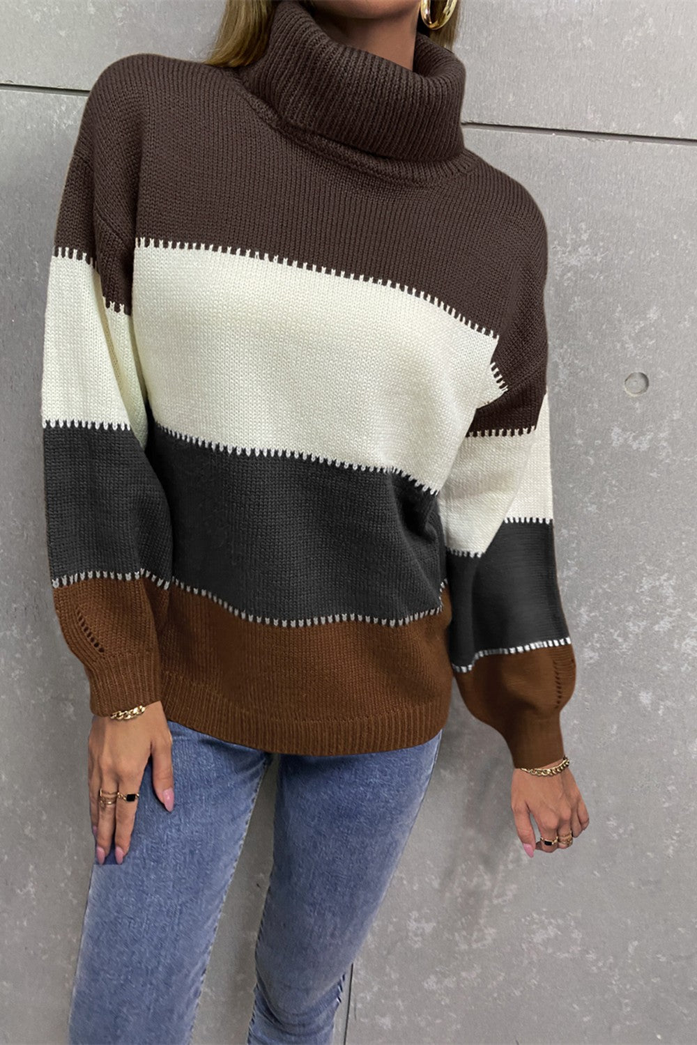 Color Block Lantern Sleeve Turtleneck Sweater