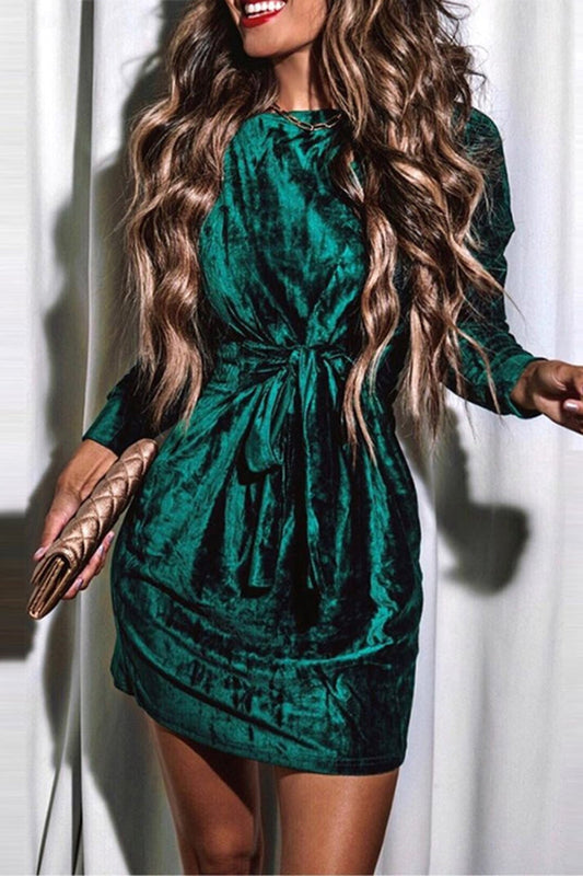 Tied Round Neck Long Sleeve Dress