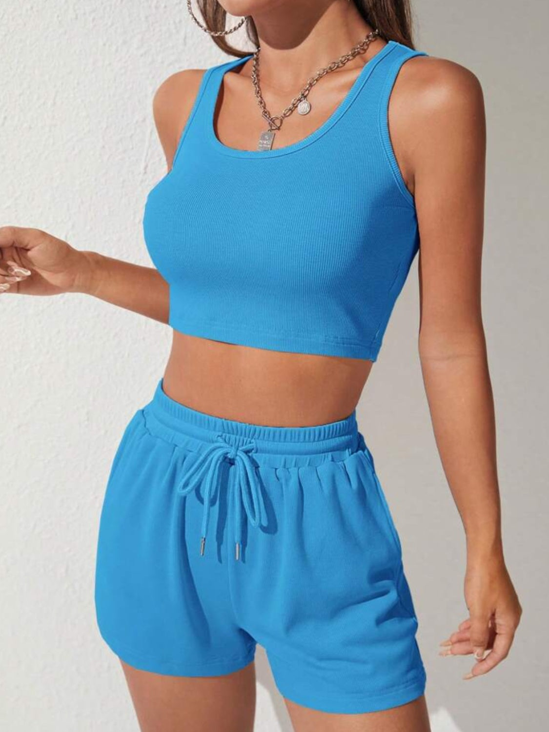 Scoop Neck Wide Strap Top and Drawstring Shorts Set