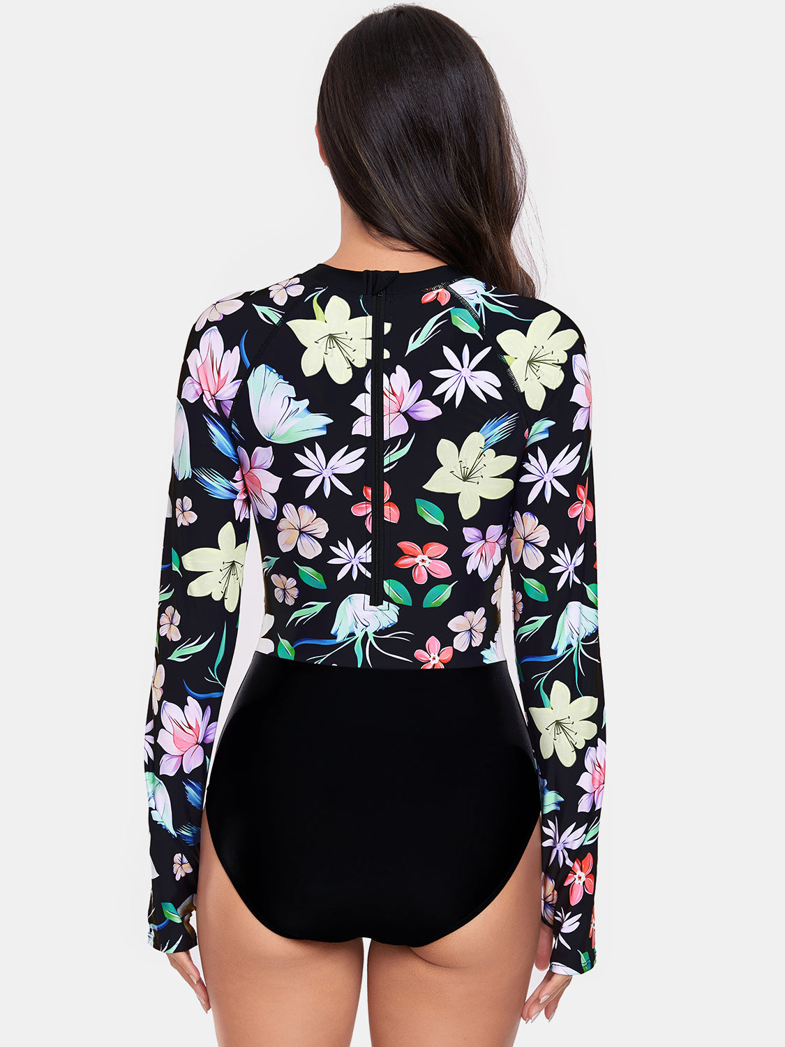 Flower Round Neck Long Sleeve One-Piece Swimwear