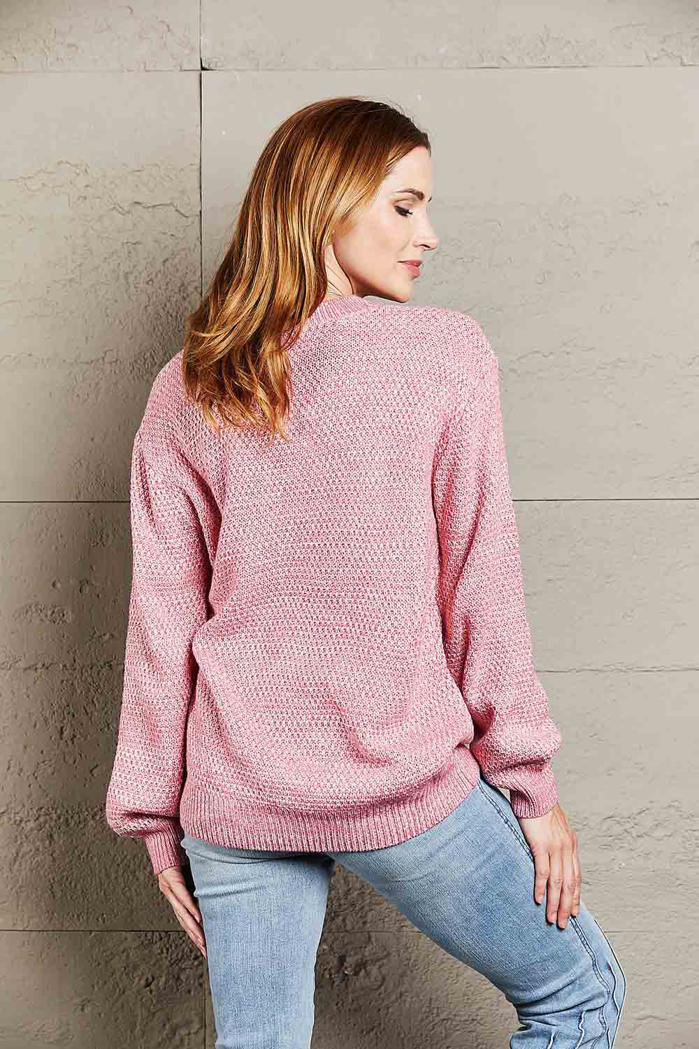 Double Take Heathered Dropped Shoulder Round Neck Sweater