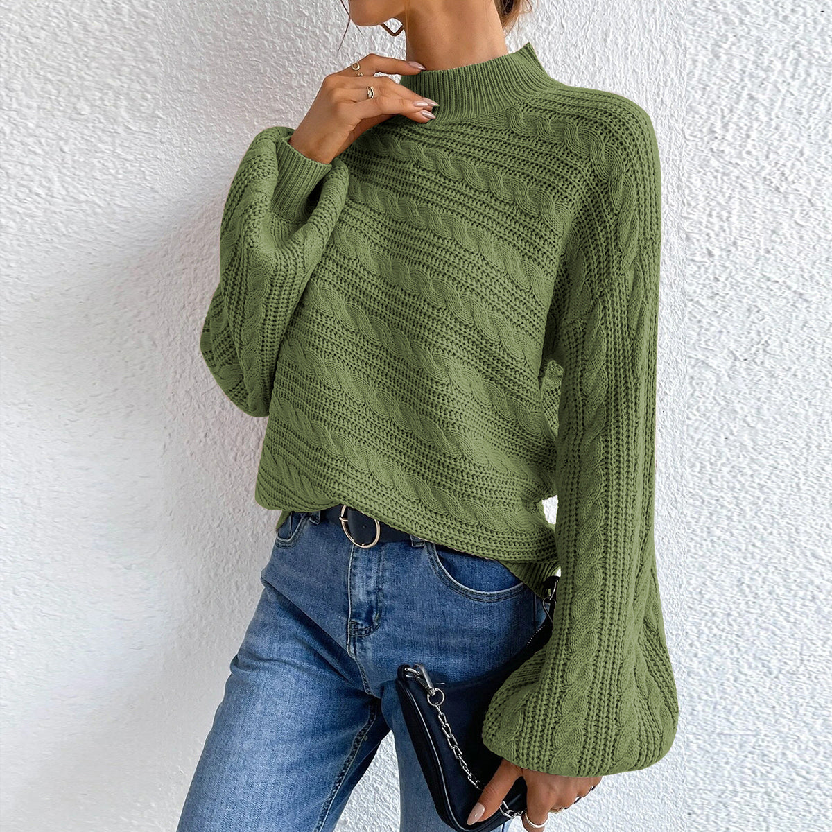 Cable-Knit Mock Neck  Long Sleeve Sweater