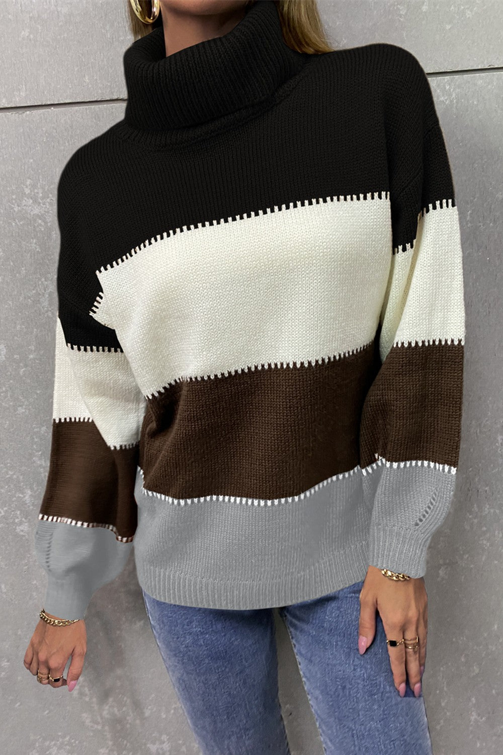 Color Block Lantern Sleeve Turtleneck Sweater